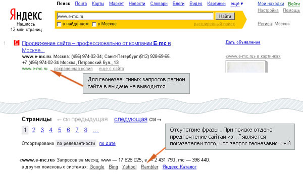 Определение геонезависимого запроса в Яндексе